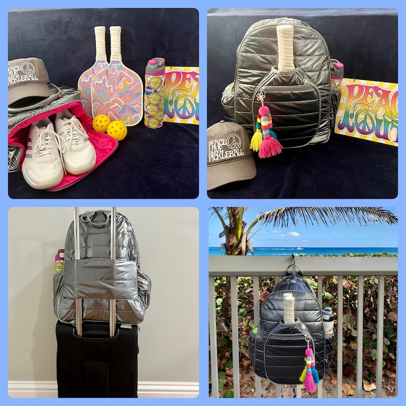 May include: A silver quilted backpack with a pickleball paddle and a water bottle in the side pocket. The backpack is hanging on a railing with a view of the ocean in the background. The backpack has a peace sign charm with colorful tassels.