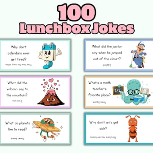 May include: A collection of six colorful lunchbox joke cards with illustrations and text. The cards feature various cartoon characters and puns, with the title "100 Lunchbox Jokes" at the top. The cards are in rectangular shapes with different colored borders.