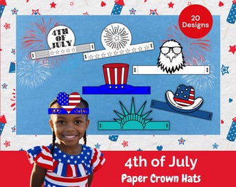 Printable 4th of July Paper Crown Coloring Craft | American Flag Hat | Patriotic Kids Activity| Independence Day Cut and Color Activity USA