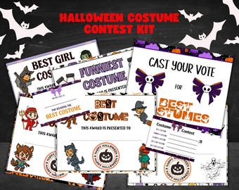 May include: A Halloween Costume Contest Kit with various award certificates and voting cards. The certificates include "Best Girl Costume," "Funniest Costume," and "Best Costume." The kit features Halloween-themed illustrations and text.