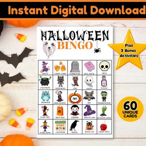 Bingo digitale di Halloween, giochi di Halloween, bingo per famiglie di Halloween, giochi per feste in classe di Halloween, pacchetto di giochi di Halloween, 60 cartelle del bingo