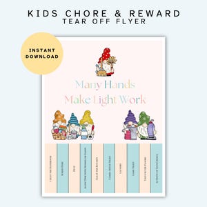 Kids Chore Chart and Reward System, Responsibility Printable, To Do List for Kids, Reward Bucks, Kids Daily Checklist, Gnome Tear Off Flyer
