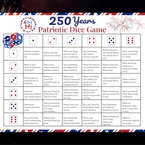 May include: A 250 Years Patriotic Dice Game printable sheet with a red, white, and blue border. The grid features dice icons and text prompts for Independence Day activities, including questions about American landmarks, traditions, and values.