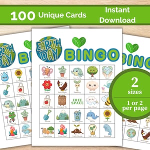 Könnte beinhalten: Drei Earth Day Bingo-Spielkarten mit farbenfrohen Illustrationen von Naturelementen. Die Karten tragen den Text "Earth Day Bingo" und "100 Unique Cards". Die Karten sind in zwei Größen erhältlich, 1 oder 2 pro Seite.