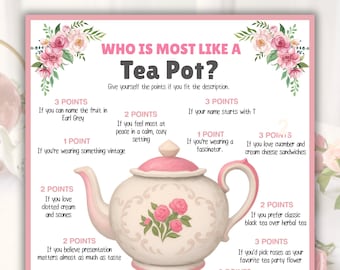 Tea Party Game Printable - Who Is Most Like a Teapot?, Tea Bridal Shower, Birthday, Girl's Night, Mother's Day Brunch, Ladies Group Games