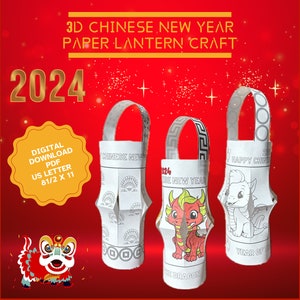 Chinese New Year Lantern Craft, Coloring Page, Lunar New Year, Year of the Dragon 2024, Easy Craft Kids, Printable Paper Lantern Craft Color