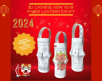 Chinese New Year Lantern Craft, Coloring Page, Lunar New Year, Year of the Dragon 2024, Easy Craft Kids, Printable Paper Lantern Craft Color