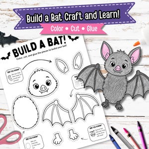 Puede incluir: Una hoja de actividades imprimible titulada Build a Bat con contornos para colorear, recortar y pegar piezas de murciélago. Un murciélago gris coloreado con orejas rosas se muestra junto a unas tijeras rosas, ceras de colores y pegamento.