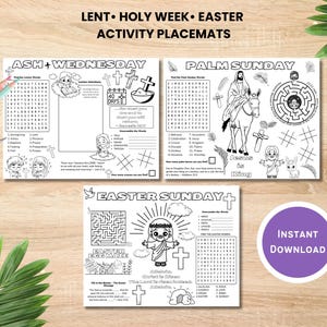 Ash Wednesday Kids, Palm Sunday Activity Placemat, Easter Activity Sheet for Kids, Catholic Holy Week for Kids, Lenten Coloring Activity Mat