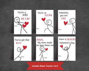 Jargon Valentijnsdagkaarten voor kinderen, grappig afdrukbaar klaslokaal Valentijnsdag, schoolvalentijn, stick Figure Valentines for Boys, Bruh Valentines