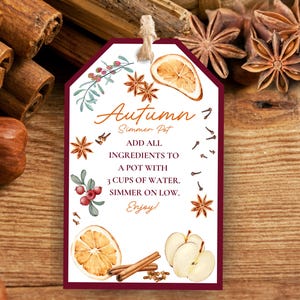 Könnte beinhalten: Ein dekoratives Etikett mit dem Text "Autumn Simmer Pot" und Anweisungen. Das Etikett zeigt Aquarellillustrationen von Sternanis, Orangenscheiben, Äpfeln, Zimtstangen und Preiselbeeren. Der Hintergrund ist eine Holzoberfläche.
