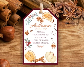 Autumn Simmer Pot Gift Tag Printable, Potpourri Labels, Simmering Potpourri Hang Tags, Thanksgiving Party Favors. Autumn Shower Favor Tag