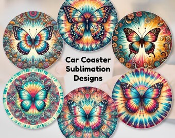 Hippie Butterfly Round Car Coaster Sublimation Bundle – 6 PNG Designs | Boho Mandala Car Accessories | Instant Digital Download