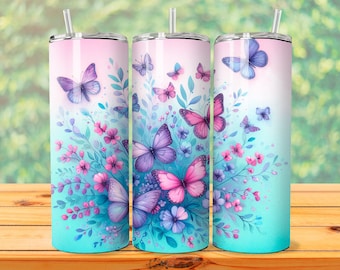 Diseño de vaso térmico con ramo de mariposas / Diseño floral sin costuras de 20 oz (formato PNG) • Diseño de sublimación