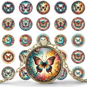 May include: A gold-colored necklace with a pendant featuring a colorful butterfly design. The pendant is round and has a chain. Surrounding the pendant are several round butterfly designs in various colors, including blue, orange, and pink.