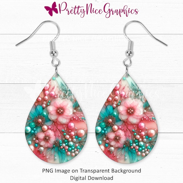 Pearls and Flowers, Teardrop Earring PNG Sublimation Design | Teardrop Earring | Pink Flowers Earring PNG | Digital Download