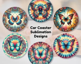 Hippie Butterfly Round Car Coaster Sublimation Bundle – 6 PNG Designs | Boho Mandala Car Accessories | Instant Digital Download