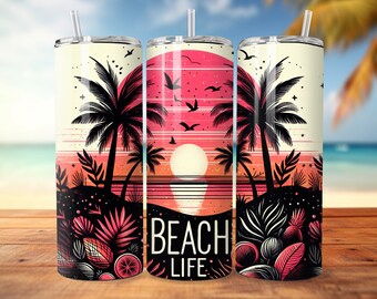 Adesivo per bicchiere termico Beach Life / Paesaggio tropicale 20oz Skinny PNG • Design estivo per sublimazione