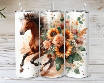 Boho Horse Tumbler Wrap | Floral Farm Animal 20oz Skinny PNG • Sublimation Design