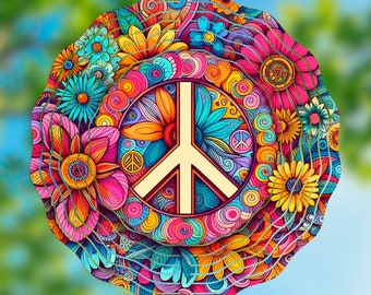 Peace Flower Wind Spinner PNG • Groovy Colorful 10.5" Sublimation Design • Retro Hippie Garden Decor • Rainbow Peace Sign Spinner Clipart