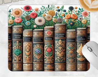 Garden Books Mouse Pad PNG | Vintage Books Floral Desk Mat • Literary Gift • Digital Download