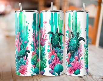Sea Turtle Tumbler Wrap | Pastel Coral Reef Sublimation Design (Digital Download)