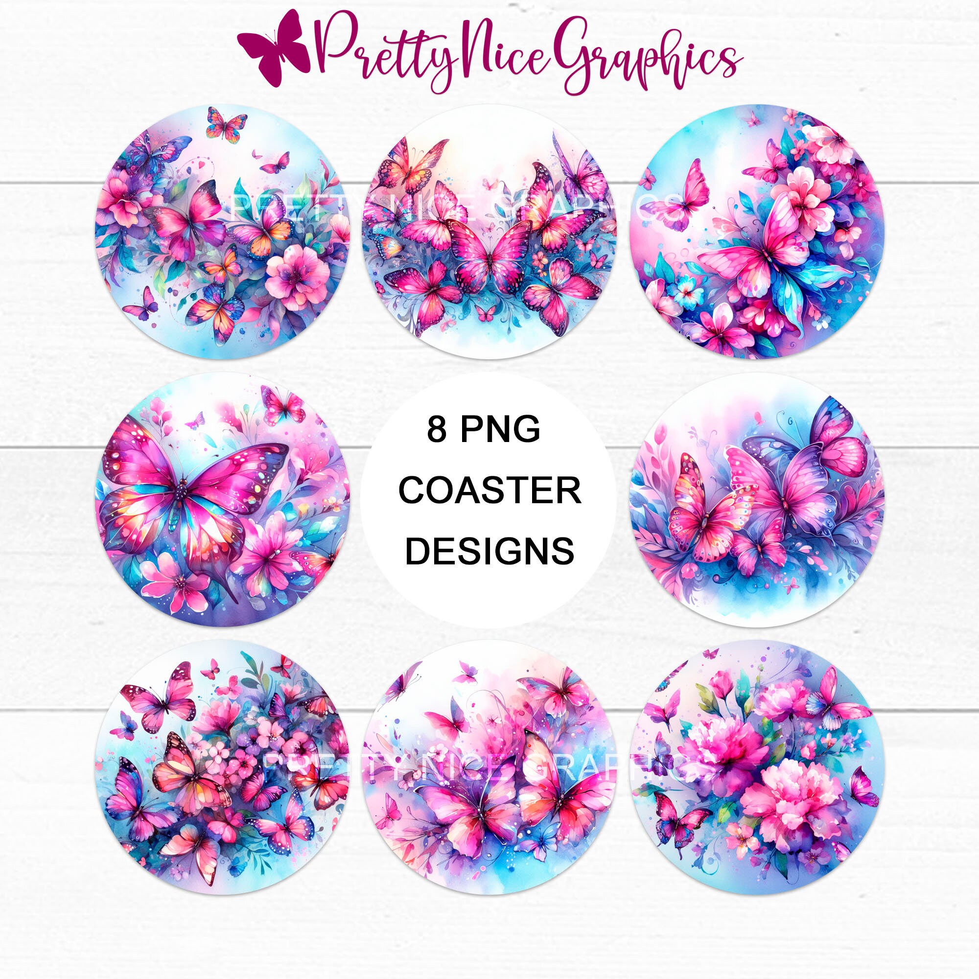 Butterfly Round Coaster Bundle PNG Sublimation Design PNG Digital ...