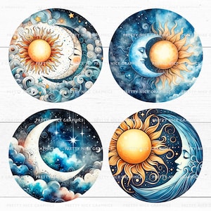 May include: Four watercolor illustrations of the sun and moon in a night sky with stars. Each illustration is circular and features a different arrangement of the sun and moon, with clouds and stars in the background.