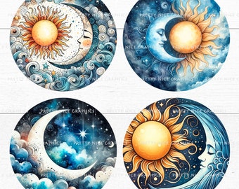 Celestial Sun & Moon Coaster PNG Bundle | 4" Round Sublimation Designs • Cosmic Boho Digital Download