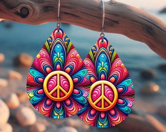 Groovy Peace Sign - Teardrop Earring PNG | Boho Flower Sublimation Design • 300 DPI Digital Download