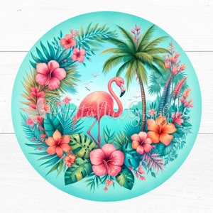 Flamingo Wind Spinner PNG | Tropical Flowers 10.5" Sublimation Template • Bright Pink Garden Decor image 2