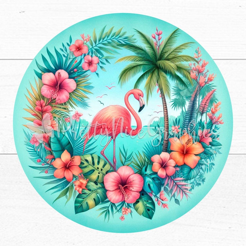 Flamingo Wind Spinner PNG | Tropical Flowers 10.5" Sublimation Template • Bright Pink Garden Decor image 2