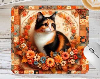 三毛猫柄の花柄マウスパッド｜キュートなペット用デスクマット（デジタルダウンロード）