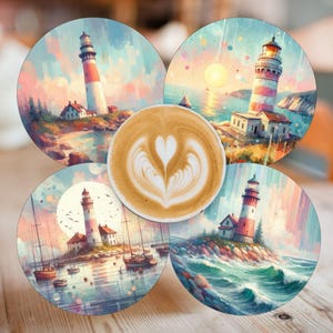 May include: Four circular coasters with watercolour lighthouse paintings. Each coaster depicts a different coastal scene with a lighthouse, boats, and colourful skies. A cup of coffee with latte art is in the centre.