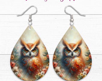 Fantasy Owl Teardrop Earring PNG | Boho Owl Sublimation Design • 300 DPI Digital Download