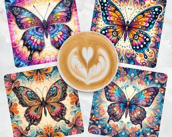 Bohemian Butterfly Coaster PNG Bundle | 12 Boho Floral Sublimation Designs (4x4)