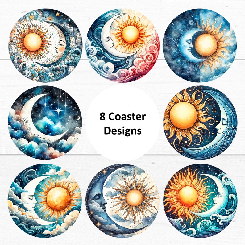 Celestial Sun & Moon Coaster PNG Bundle | 4" Round Sublimation Designs ...