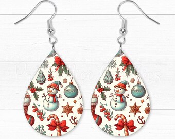 Weihnachten Schneemann Teardrop Ohrring PNG | Feiertags-Sublimationsdesign • 300 DPI Digitaler Download
