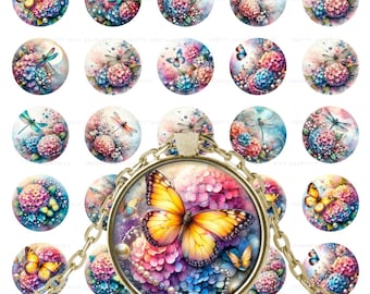 Floral Butterfly Printable Circles • Hydrangeas Dragonflies Art (Digital Download)