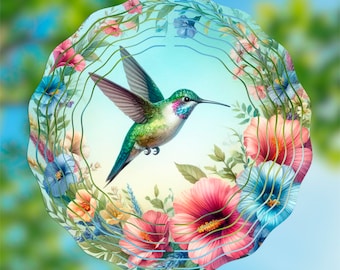 Hummingbird Floral Wreath Wind Spinner | 10.5" Sublimation PNG • Colorful Garden Spinner Art