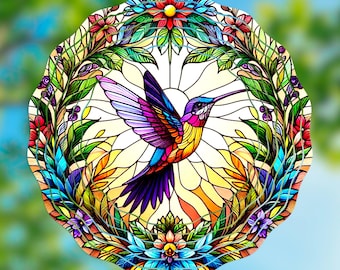 Vindspinner med blommig krans av kolibri | 25 cm sublimeringsmall • Sommarträdgårdsdekor
