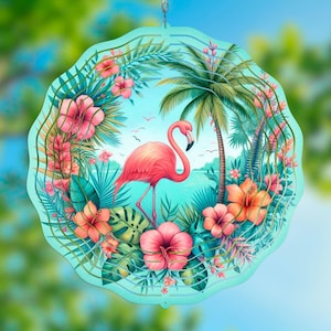Flamingo Wind Spinner PNG | Tropical Flowers 10.5" Sublimation Template • Bright Pink Garden Decor image 1