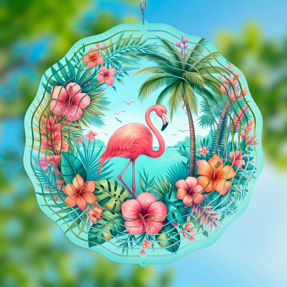 Flamingo Wind Spinner PNG | Tropical Flowers 10.5" Sublimation Template • Bright Pink Garden Decor