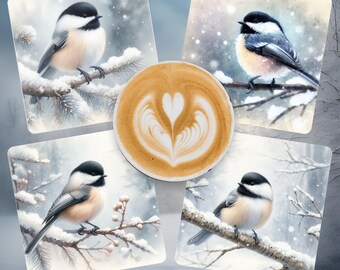 Chickadee Snow Coaster PNG Bundle | 8 Winter Bird Sublimation Designs (4x4)