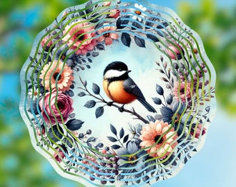 Chickadee Floral Wind Spinner PNG | 10.5" Garden Sublimation Design (Digital Download)