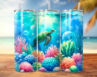 Sea Turtle Tumbler Wrap: Tropical Coral Reef Design (PNG Digital Download)