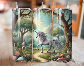 Verzauberter Wald Einhorn Tumbler Wrap PNG • Magische Fantasie 20 Unzen Skinny Sublimation Design • Waldland Glow Art