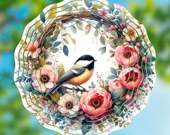 Molinillo de viento Chickadee PNG / Plantilla de sublimación de corona floral para jardín • Arte de molinillo colorido para exteriores