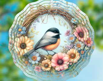 Chickadee Wind Spinner PNG | Floral Wreath 10.5" Garden Decor Template • Songbird Sublimation Art