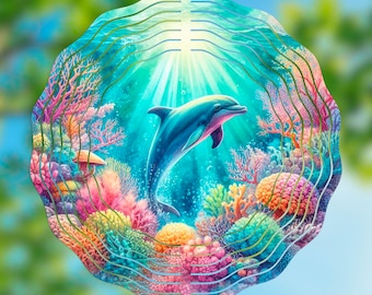 Dolphin Wind Spinner PNG | Tropical Garden 10.5" Sublimation Template • Sea Life Outdoor Decor